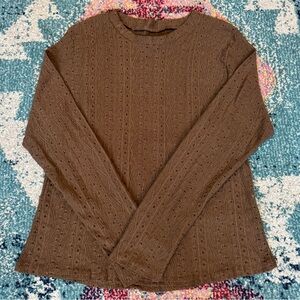 Coffee Brown Eyelet Long Sleeve Knit-Style Blouse